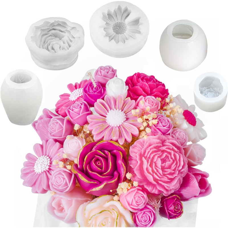Candle Making Jelly - 5Flower Candle Mold Set，3D Floral silicone